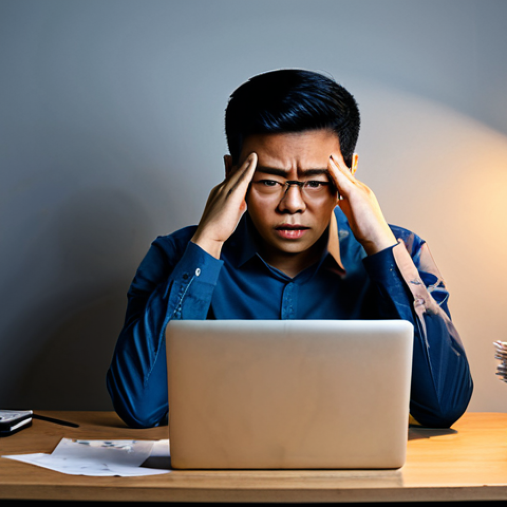 A professional Malaysian content creator, appearing overwhelmed and frustrated, in a cluttered home office. The subject is fully clothed in modest, business-casual attire, sitting at a desk, with hands resting on their head, staring blankly at a laptop screen displaying generic content or low engagement metrics. The environment is dimly lit, with scattered unorganized notes and empty coffee cups. This image conveys a sense of creative block and lack of direction. Professional photography, high resolution, realistic, studio lighting. safe for work, appropriate content, fully clothed, professional, perfect anatomy, correct proportions, natural pose, well-formed hands, proper finger count, natural body proportions.