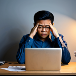 A professional Malaysian content creator, appearing overwhelmed and frustrated, in a cluttered home office. The subject is fully clothed in modest, business-casual attire, sitting at a desk, with hands resting on their head, staring blankly at a laptop screen displaying generic content or low engagement metrics. The environment is dimly lit, with scattered unorganized notes and empty coffee cups. This image conveys a sense of creative block and lack of direction. Professional photography, high resolution, realistic, studio lighting. safe for work, appropriate content, fully clothed, professional, perfect anatomy, correct proportions, natural pose, well-formed hands, proper finger count, natural body proportions.