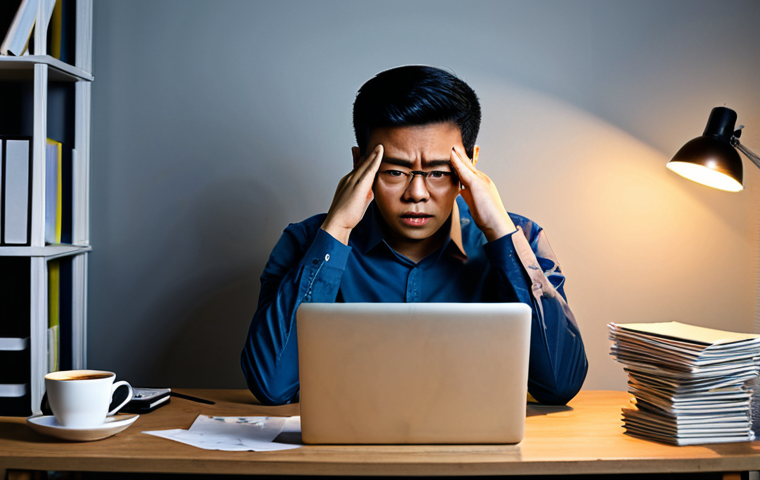 A professional Malaysian content creator, appearing overwhelmed and frustrated, in a cluttered home office. The subject is fully clothed in modest, business-casual attire, sitting at a desk, with hands resting on their head, staring blankly at a laptop screen displaying generic content or low engagement metrics. The environment is dimly lit, with scattered unorganized notes and empty coffee cups. This image conveys a sense of creative block and lack of direction. Professional photography, high resolution, realistic, studio lighting. safe for work, appropriate content, fully clothed, professional, perfect anatomy, correct proportions, natural pose, well-formed hands, proper finger count, natural body proportions.