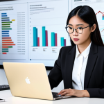 A professional Malaysian businesswoman, aged late 20s, with a focused expression, wearing a modest business blazer and trousers, fully clothed, sitting at a modern desk. She is meticulously analyzing digital marketing analytics on a laptop, with various charts and graphs displayed on the screen. The background is a brightly lit, contemporary office space with subtle digital infographics relating to audience demographics and search engine optimization concepts floating around, indicating data-driven insights. The image emphasizes innovation and strategy. Perfect anatomy, correct proportions, natural pose, well-formed hands, proper finger count, natural body proportions, professional photography, high quality, 8K, safe for work, appropriate content, family-friendly, professional dress.