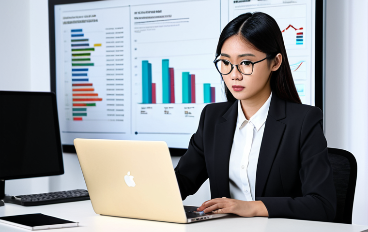 A professional Malaysian businesswoman, aged late 20s, with a focused expression, wearing a modest business blazer and trousers, fully clothed, sitting at a modern desk. She is meticulously analyzing digital marketing analytics on a laptop, with various charts and graphs displayed on the screen. The background is a brightly lit, contemporary office space with subtle digital infographics relating to audience demographics and search engine optimization concepts floating around, indicating data-driven insights. The image emphasizes innovation and strategy. Perfect anatomy, correct proportions, natural pose, well-formed hands, proper finger count, natural body proportions, professional photography, high quality, 8K, safe for work, appropriate content, family-friendly, professional dress.