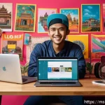 콘텐츠 크리에이터의 커리어 성장 로드맵 - A vibrant Malaysian content creator's workspace featuring a young Malay influencer sitting at a mode...