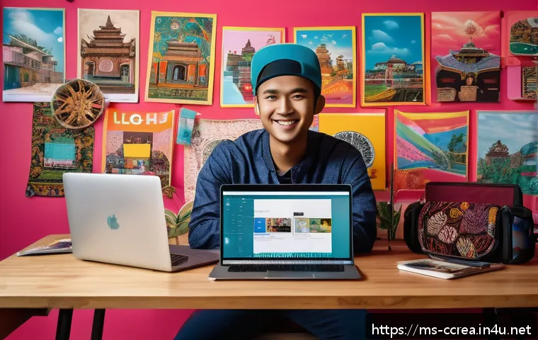 콘텐츠 크리에이터의 커리어 성장 로드맵 - A vibrant Malaysian content creator's workspace featuring a young Malay influencer sitting at a mode...