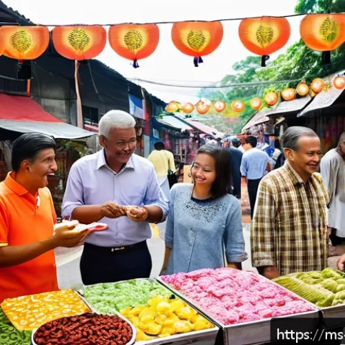 콘텐츠 마케팅 사례 연구 - A vibrant Malaysian street market scene featuring a diverse group of people from various ethnic back...