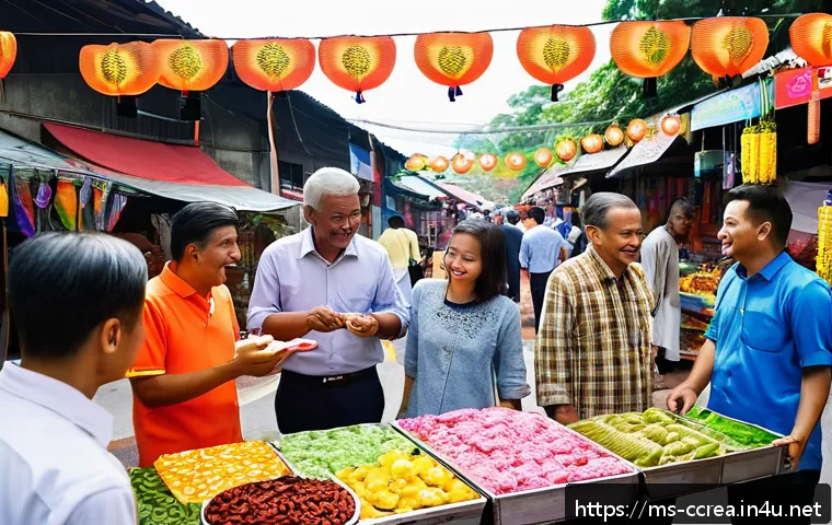 콘텐츠 마케팅 사례 연구 - A vibrant Malaysian street market scene featuring a diverse group of people from various ethnic back...