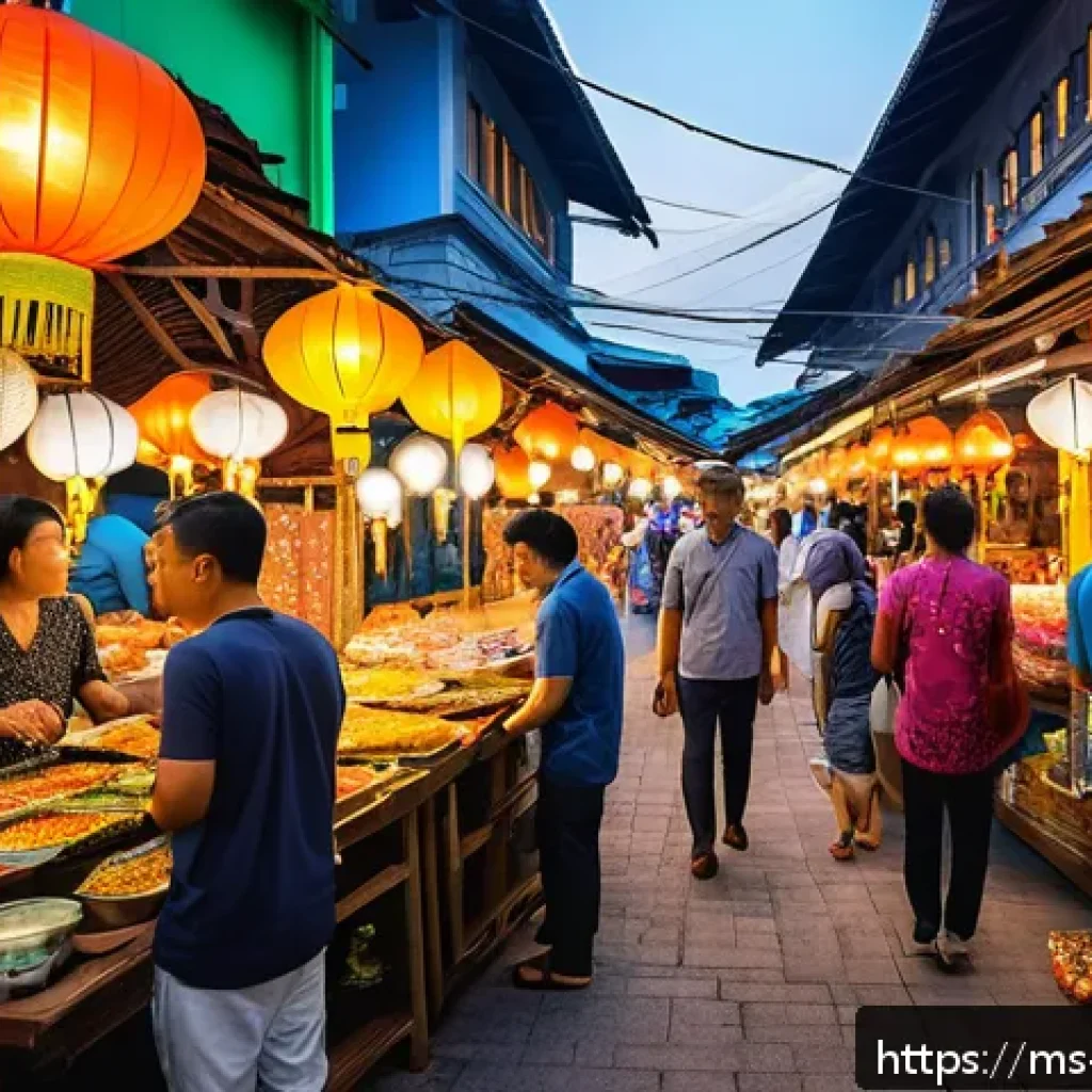 콘텐츠 크리에이터의 업무 사례 공유 - A vibrant night market scene in Malaysia, bustling with diverse people engaging in lively conversati...
