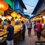 콘텐츠 크리에이터의 업무 사례 공유 - A vibrant night market scene in Malaysia, bustling with diverse people engaging in lively conversati...