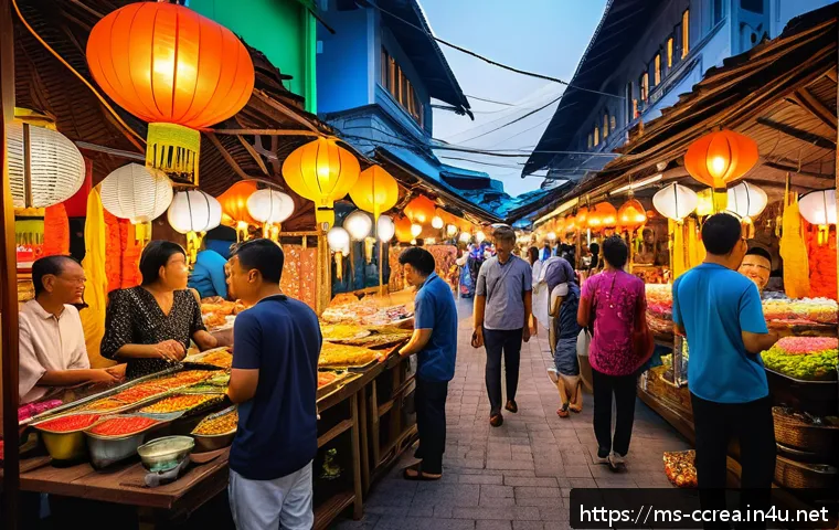 콘텐츠 크리에이터의 업무 사례 공유 - A vibrant night market scene in Malaysia, bustling with diverse people engaging in lively conversati...